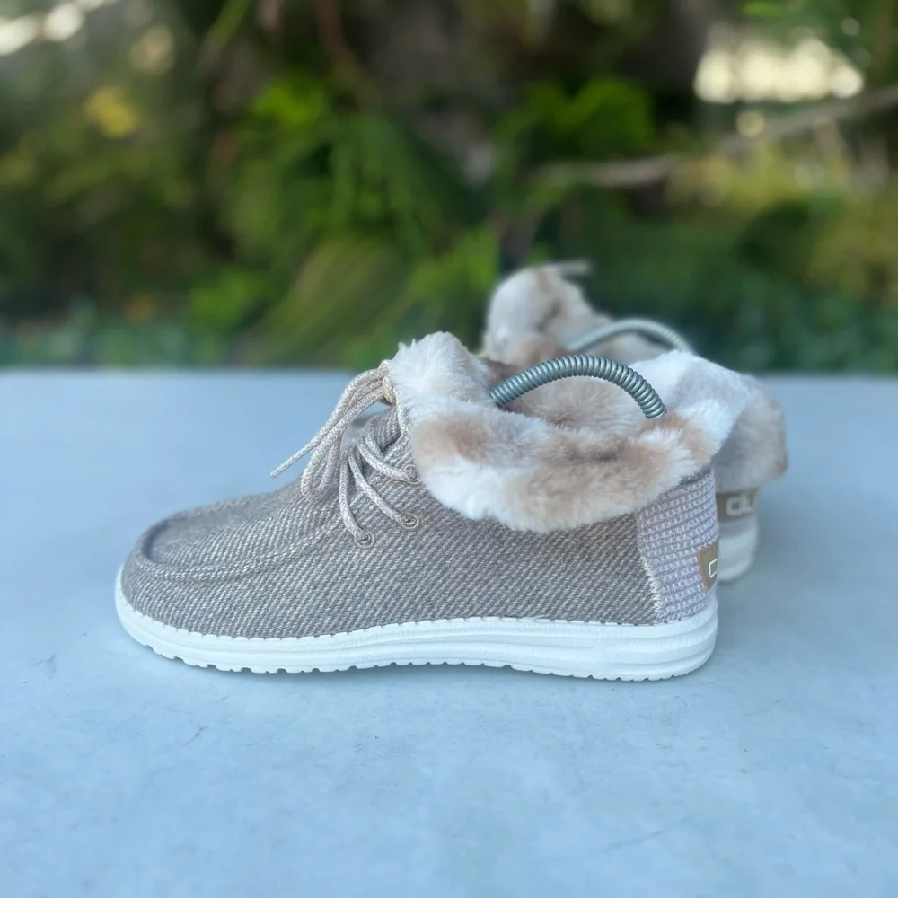 Hey Dude Women's Beige Knit Sneakers with Faux Fur Collar